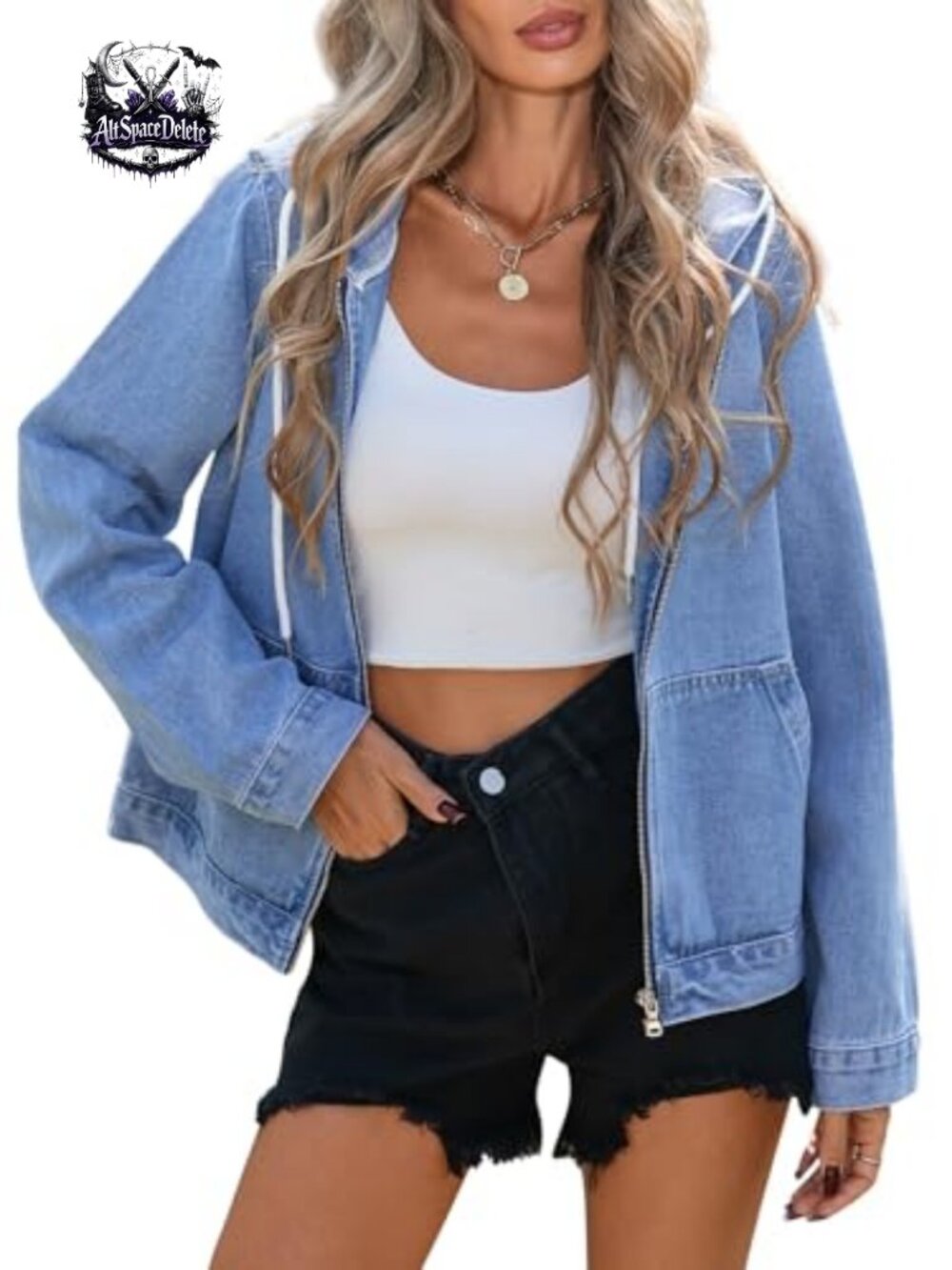 Womens Hoodie Denim Jacket Zip Up Drawstring Long Sleeve Casual Jean Coat